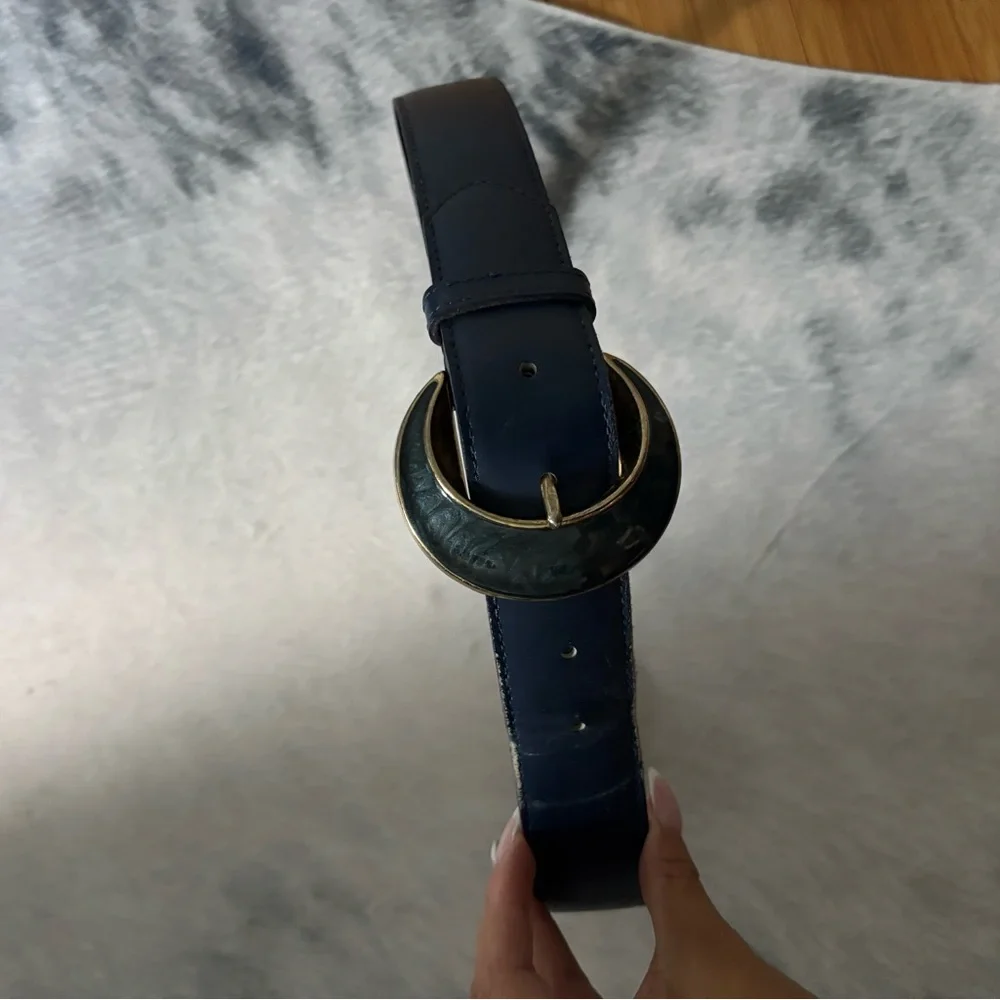 Worthington Navy Leather Belt with Round Gold-Tone Buckle